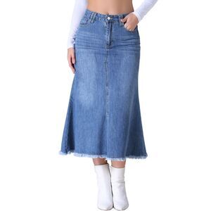 Long Denim Summer High Waisted Split A-Line Fishtail Jean Skirt Blue